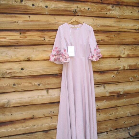 MAC DUGGAL 11854 Pink Crepe 3/4 Sleeve A-line Gown With Flower Trim - Picture 6 of 13